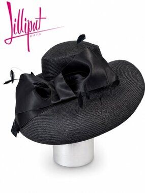 Lilliput Black Wide Brim Hat Satin Bow Feather Occasion Fascinator